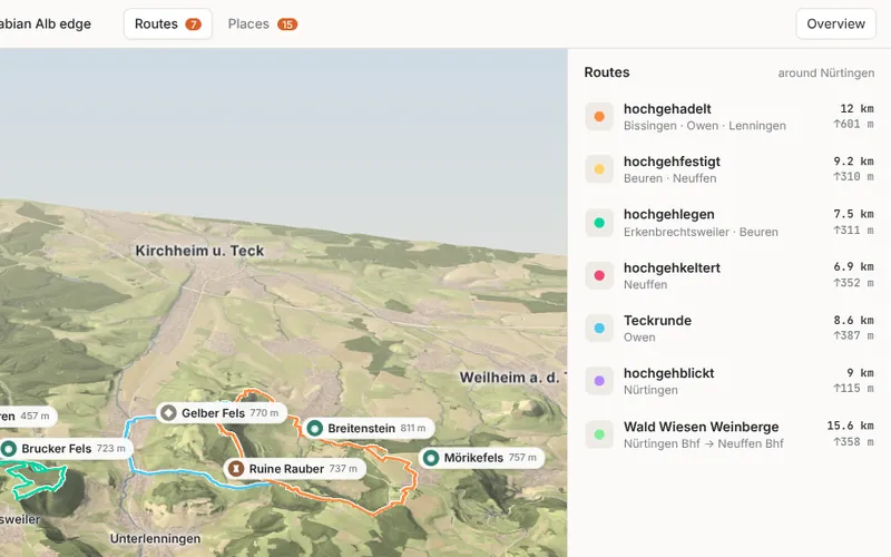 Die Routenliste: sieben Touren von hochgehadelt bis Wald Wiesen Weinberge, je mit Kilometern und Höhenmetern, daneben alle Touren farbig im Gelände