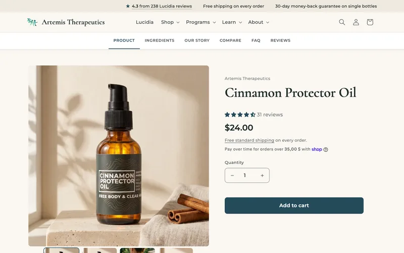 Produktseite im Shop von Artemis: Cinnamon Protector Oil mit Foto, Preis und Warenkorb-Knopf